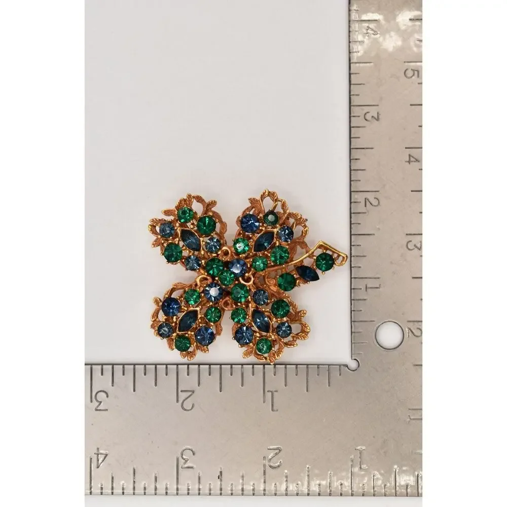 BSK Vintage Crystal Clover Pin Brooch Green Blue Rhinestone Gold Signed BinBG